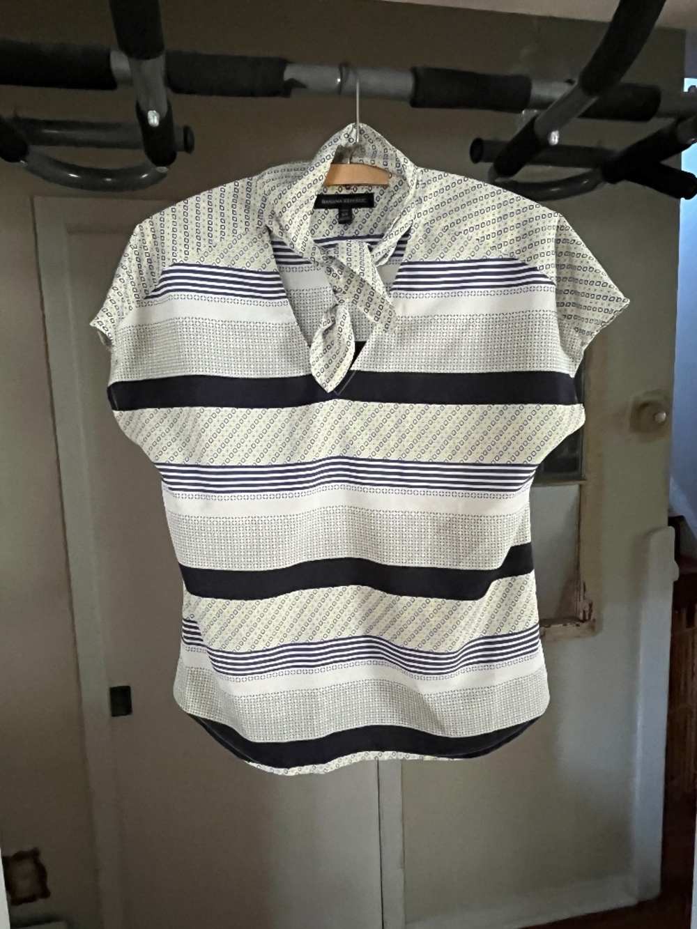 Banana Republic Mixed Print Stripe & Dot Tie-Neck Blouse - Small